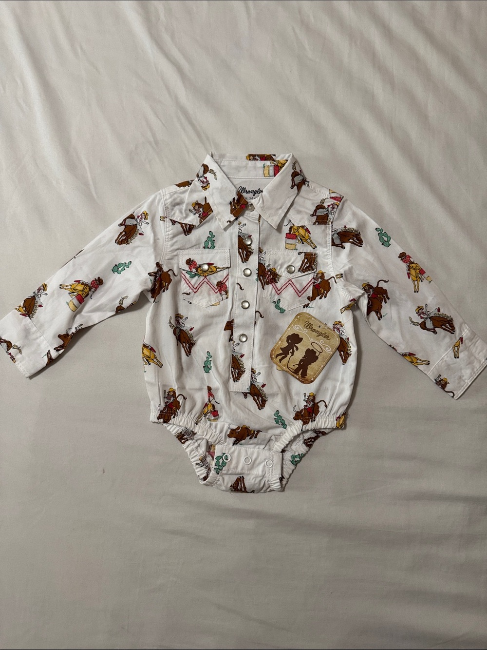 Wrangler White Cowboy Print Long-Sleeve Baby One-Piece Bodysuit